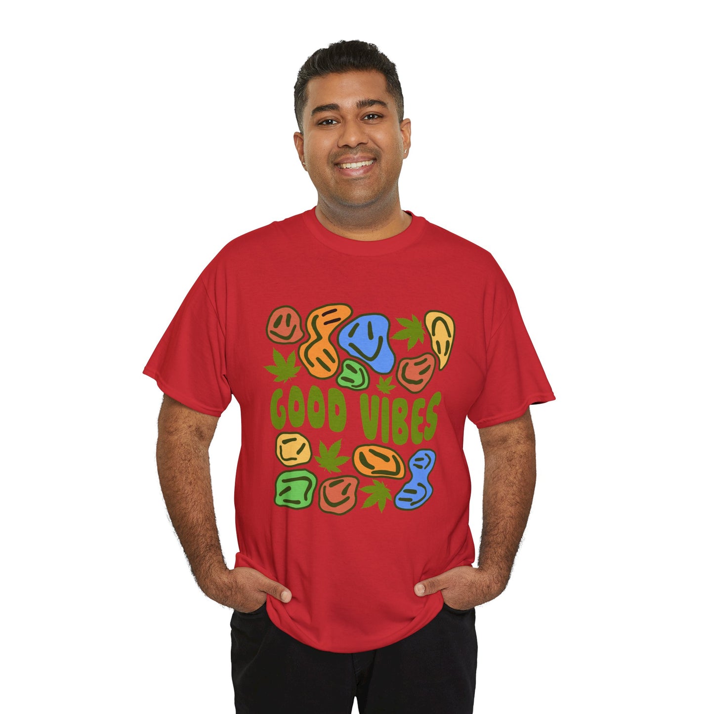 Good Vibes Graphic Tee – Retro Colorful Leaf & Pebble Design
