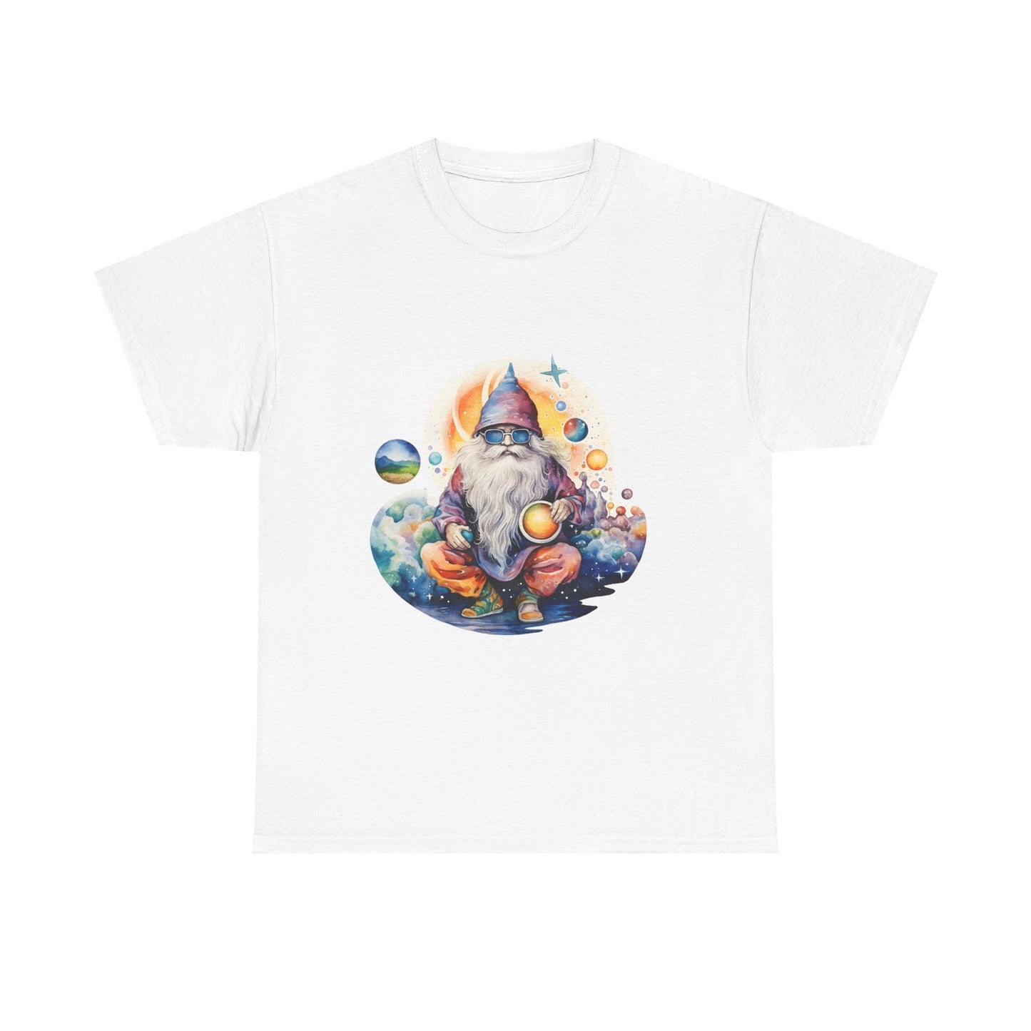 Cosmic Gnome Unisex Heavy Cotton Tee - Whimsical Space Design for Everyday Wear