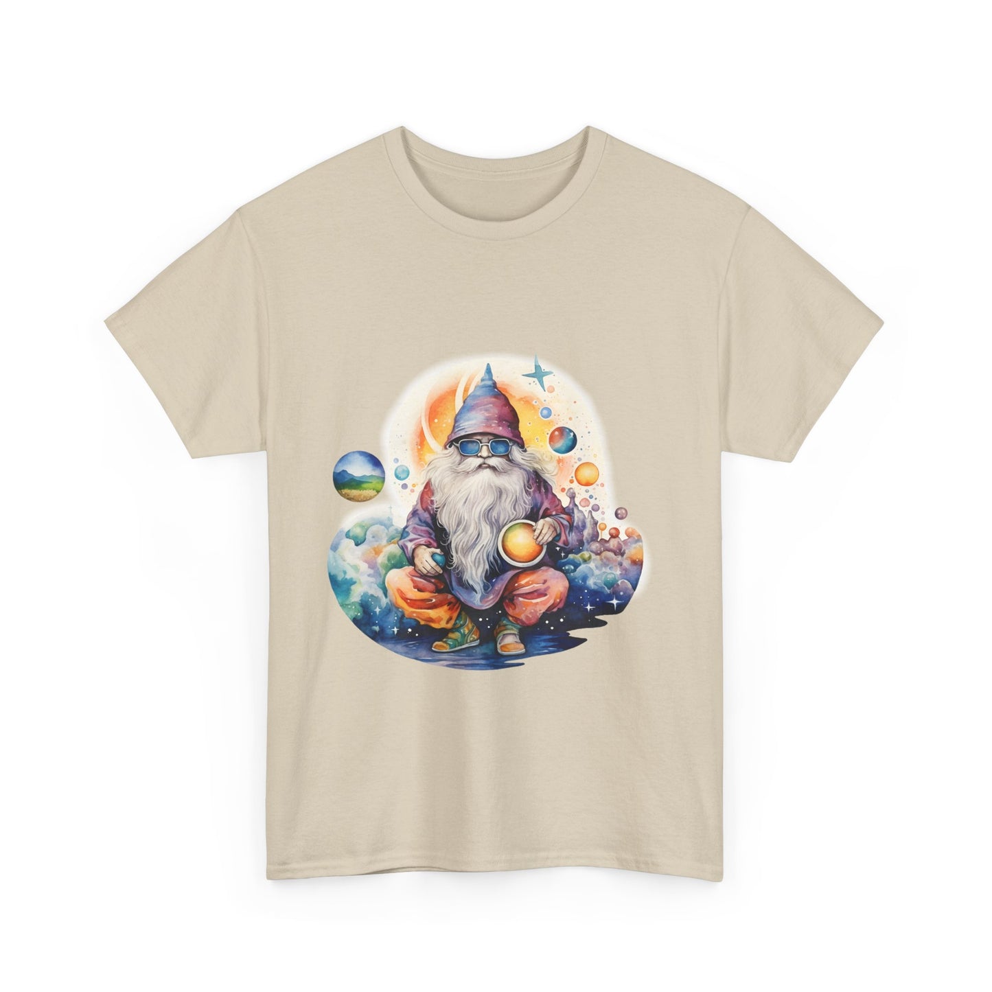 Cosmic Gnome Unisex Heavy Cotton Tee - Whimsical Space Design for Everyday Wear