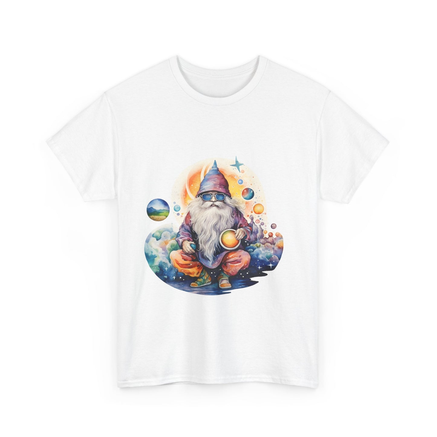 Cosmic Gnome Unisex Heavy Cotton Tee - Whimsical Space Design for Everyday Wear
