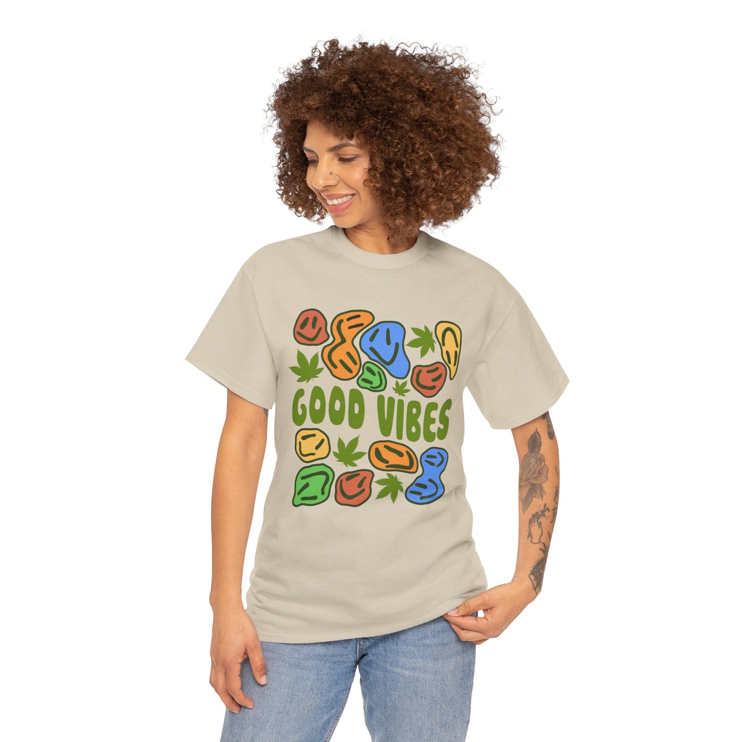 Good Vibes Graphic Tee – Retro Colorful Leaf & Pebble Design