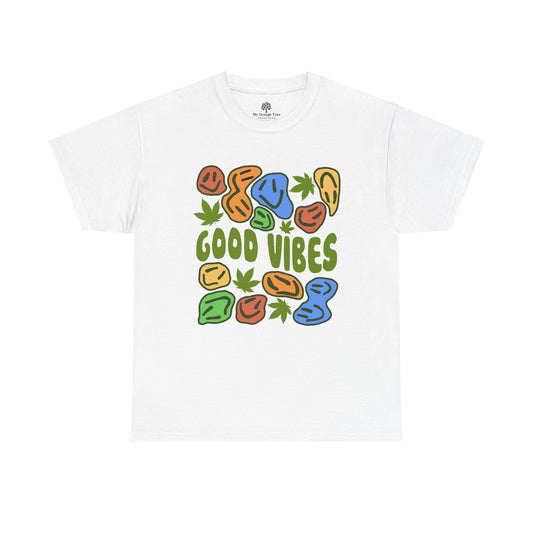 Good Vibes Graphic Tee – Retro Colorful Leaf & Pebble Design