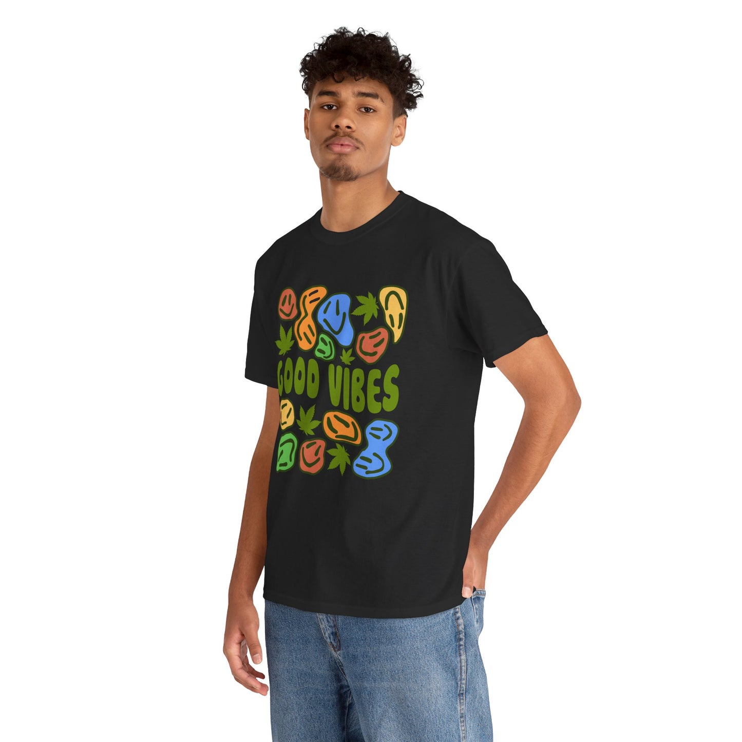Good Vibes Graphic Tee – Retro Colorful Leaf & Pebble Design