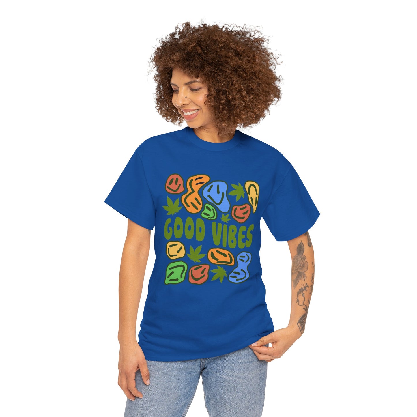 Good Vibes Graphic Tee – Retro Colorful Leaf & Pebble Design