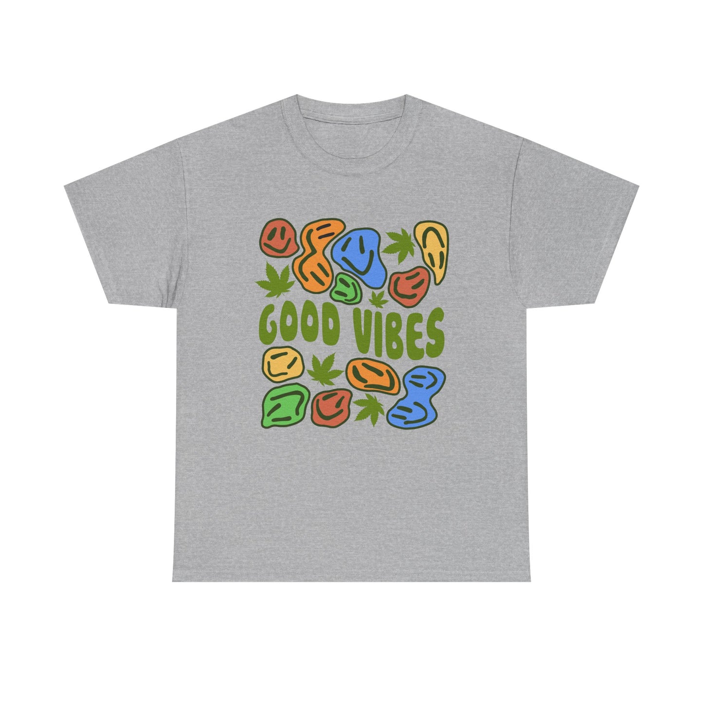 Good Vibes Graphic Tee – Retro Colorful Leaf & Pebble Design