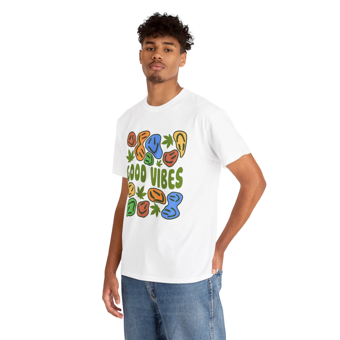 Good Vibes Graphic Tee – Retro Colorful Leaf & Pebble Design