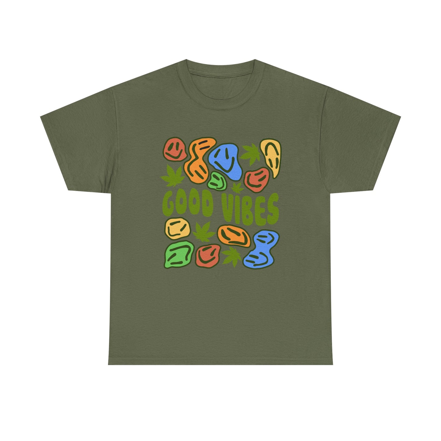 Good Vibes Graphic Tee – Retro Colorful Leaf & Pebble Design