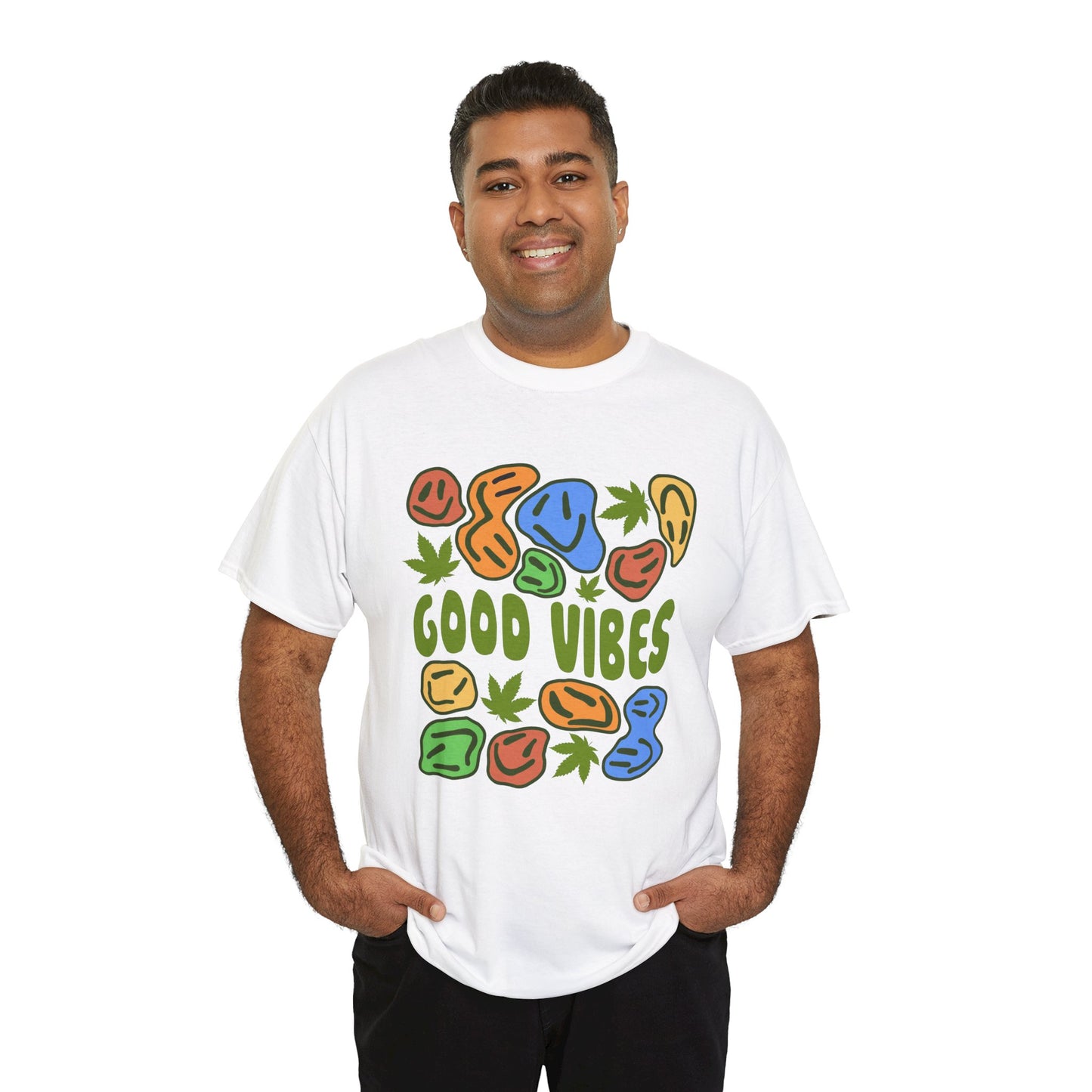 Good Vibes Graphic Tee – Retro Colorful Leaf & Pebble Design