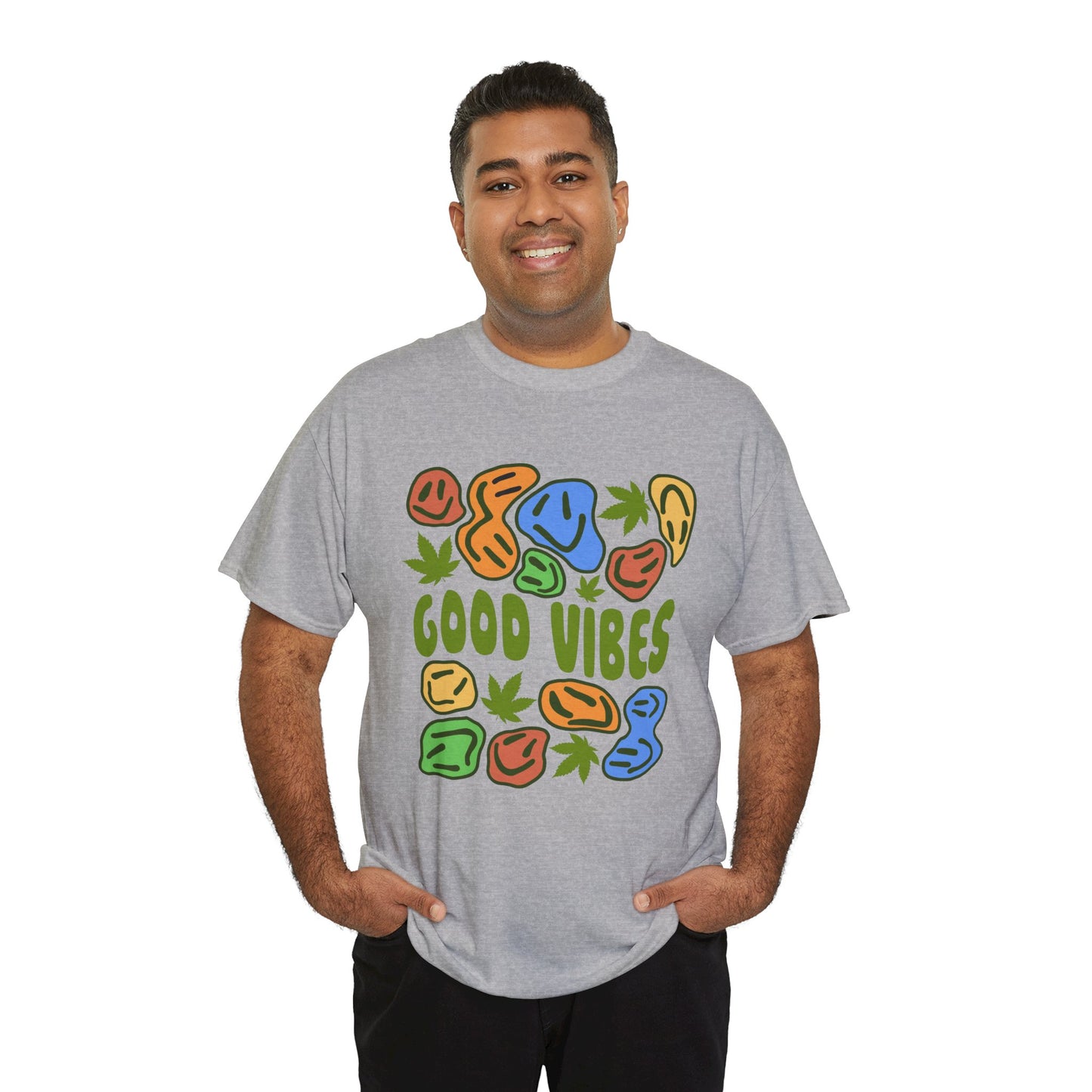 Good Vibes Graphic Tee – Retro Colorful Leaf & Pebble Design