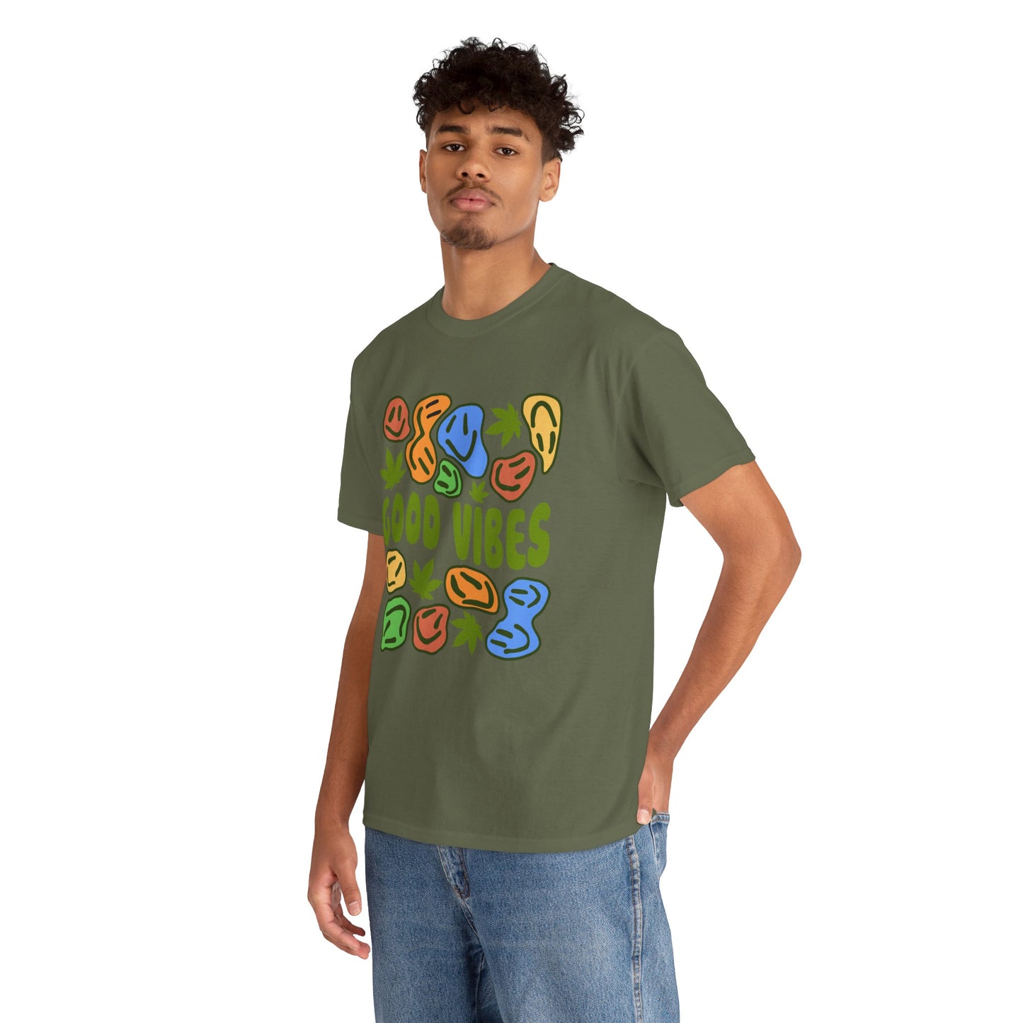 Good Vibes Graphic Tee – Retro Colorful Leaf & Pebble Design