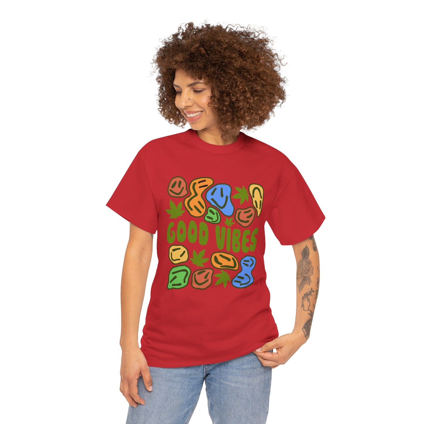 Good Vibes Graphic Tee – Retro Colorful Leaf & Pebble Design
