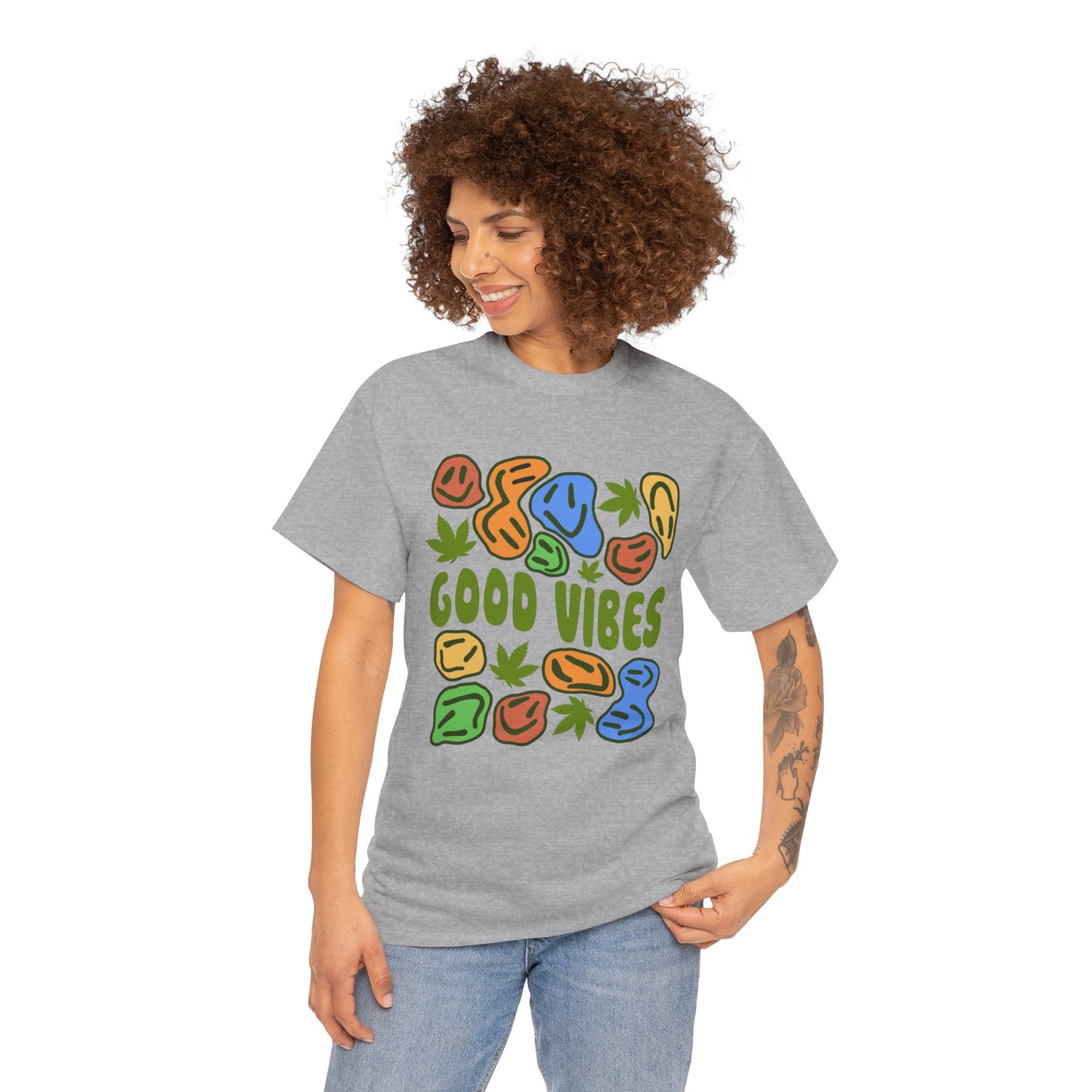 Good Vibes Graphic Tee – Retro Colorful Leaf & Pebble Design