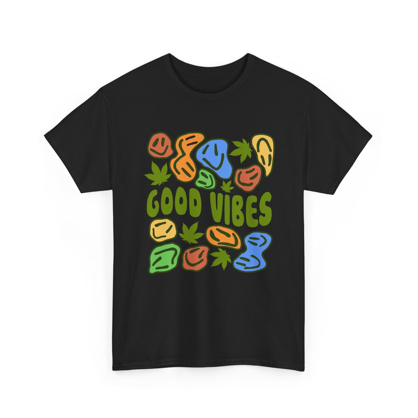 Good Vibes Graphic Tee – Retro Colorful Leaf & Pebble Design