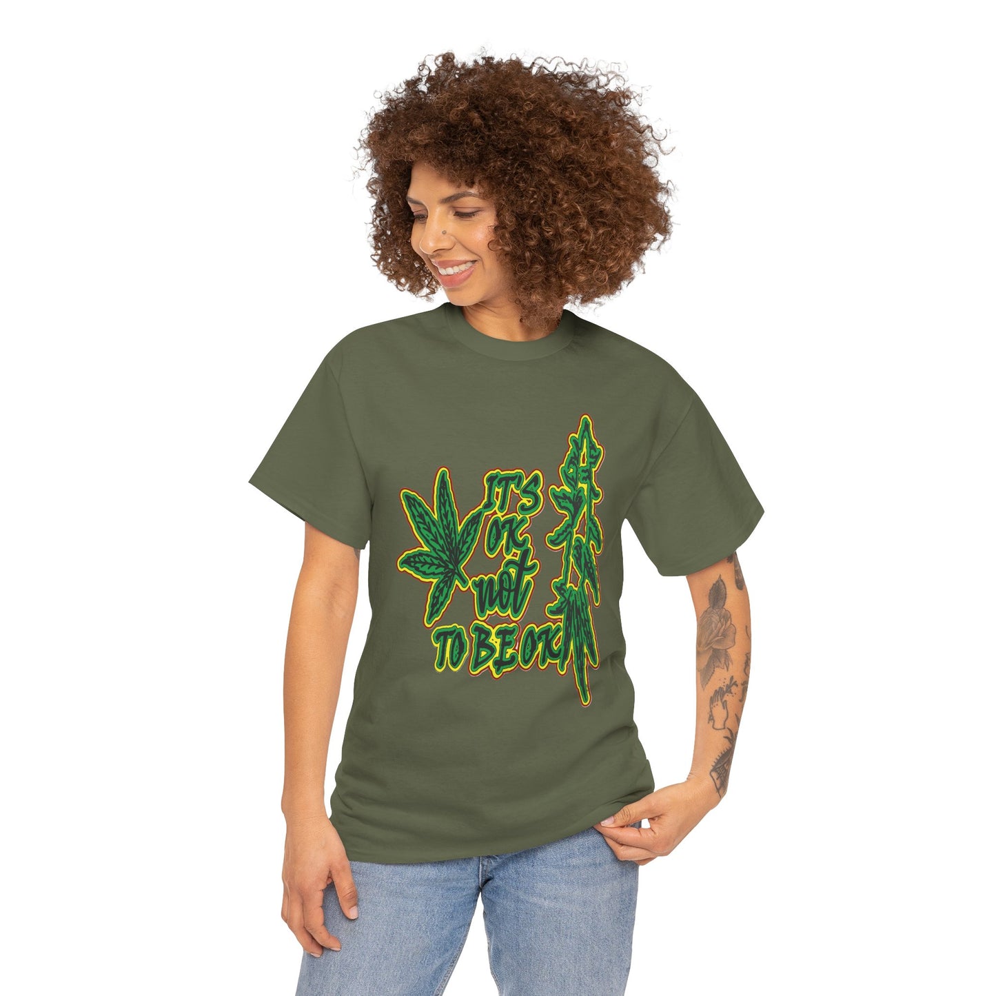 Cannabis Leaf Graphic Tee - "It's OK Not To Be OK" Green Rasta Design