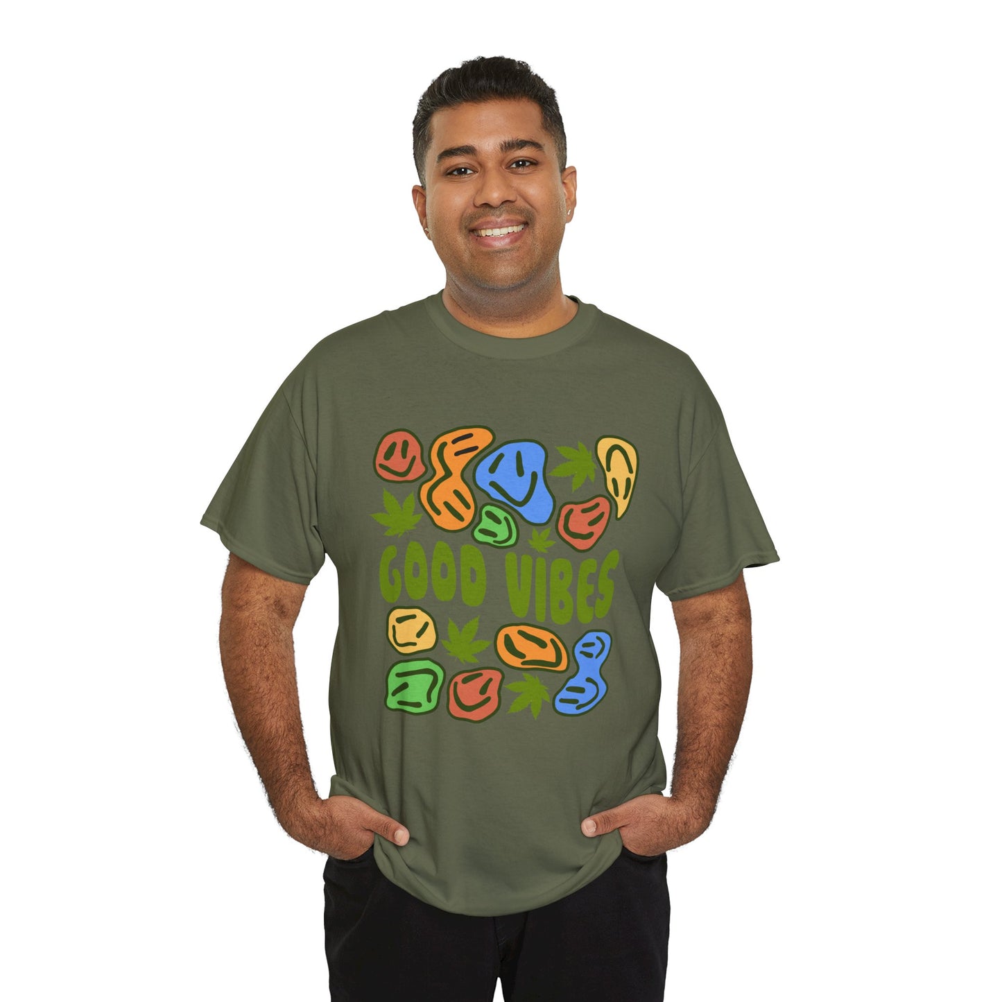 Good Vibes Graphic Tee – Retro Colorful Leaf & Pebble Design