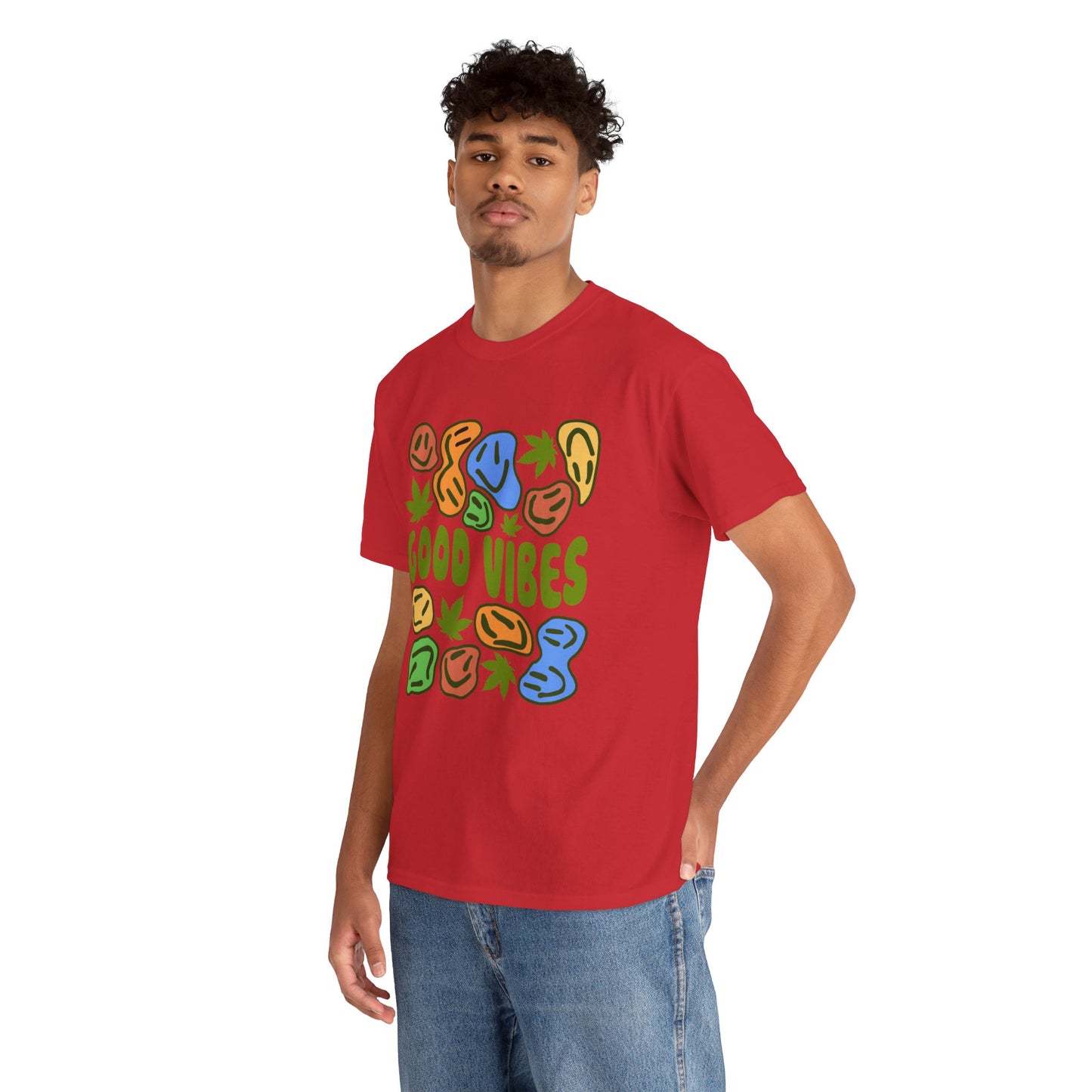 Good Vibes Graphic Tee – Retro Colorful Leaf & Pebble Design