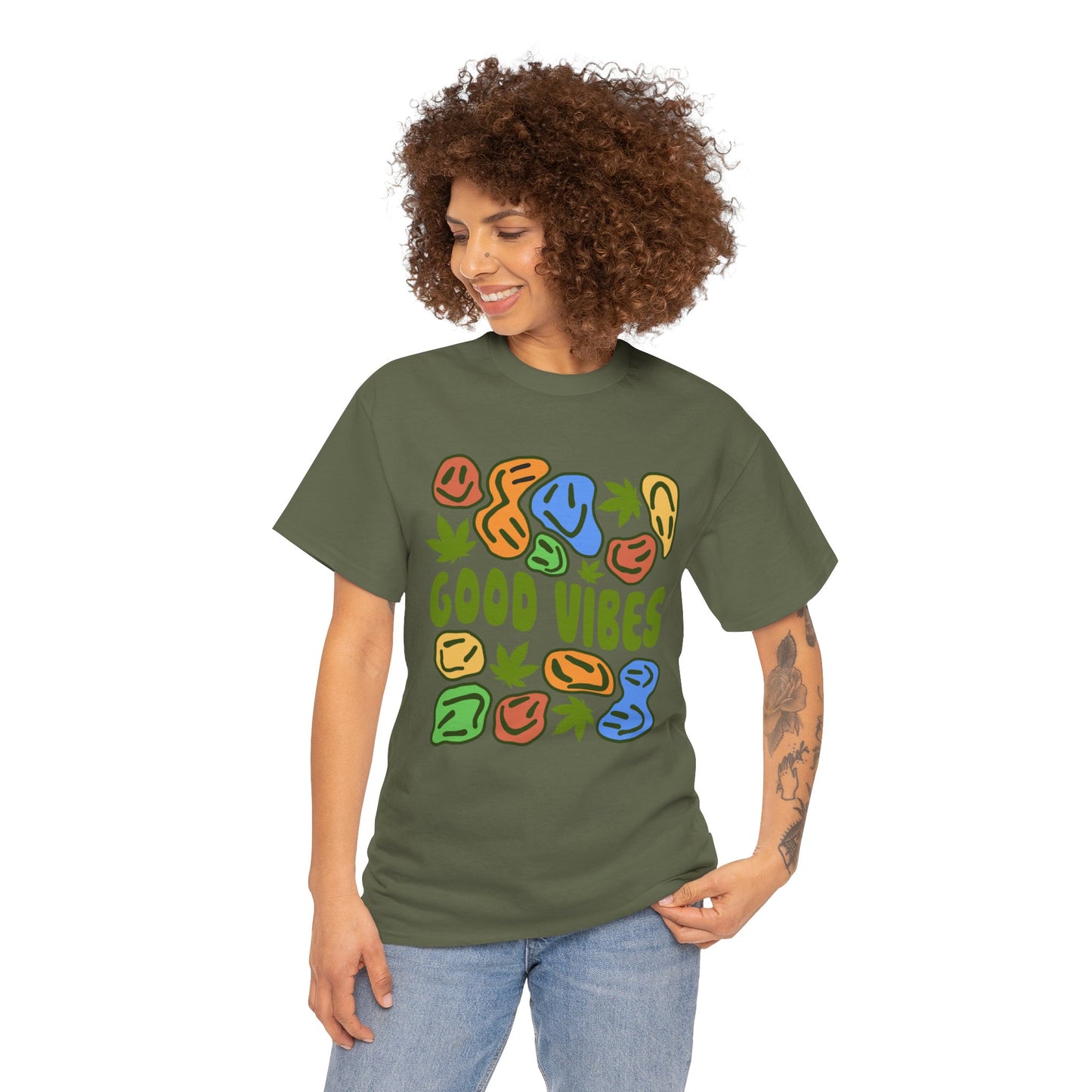 Good Vibes Graphic Tee – Retro Colorful Leaf & Pebble Design