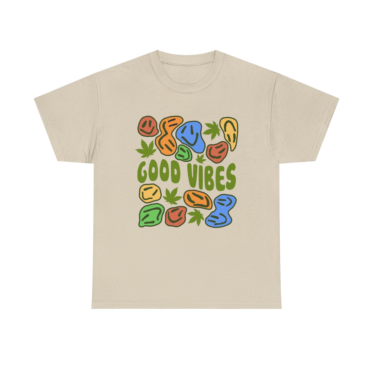 Good Vibes Graphic Tee – Retro Colorful Leaf & Pebble Design