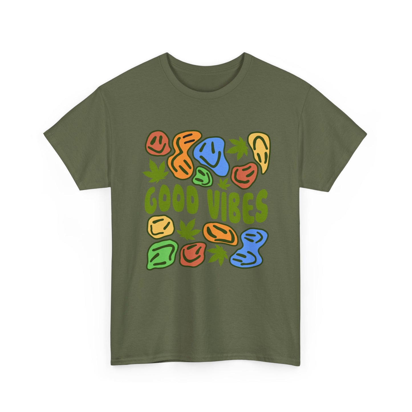 Good Vibes Graphic Tee – Retro Colorful Leaf & Pebble Design