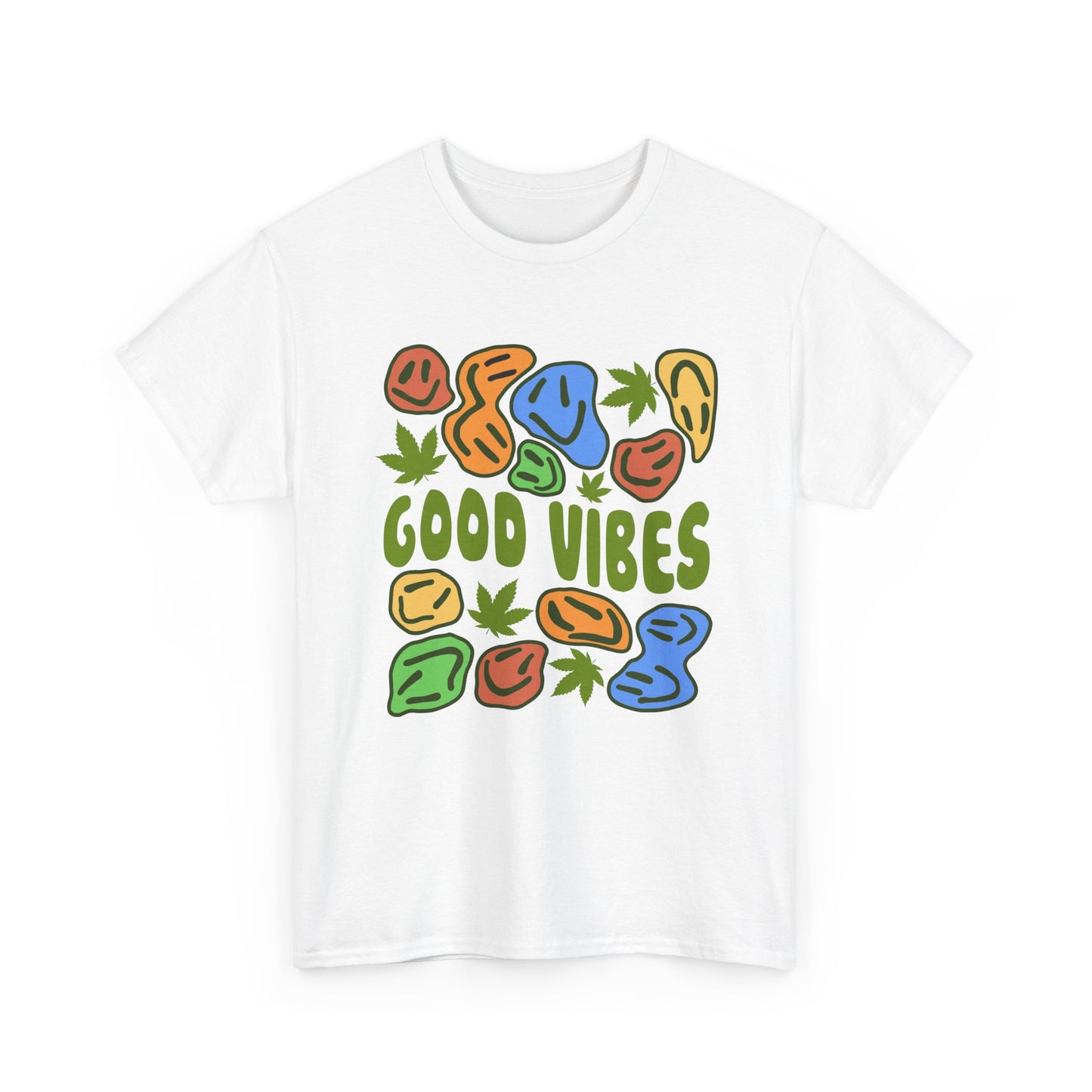 Good Vibes Graphic Tee – Retro Colorful Leaf & Pebble Design