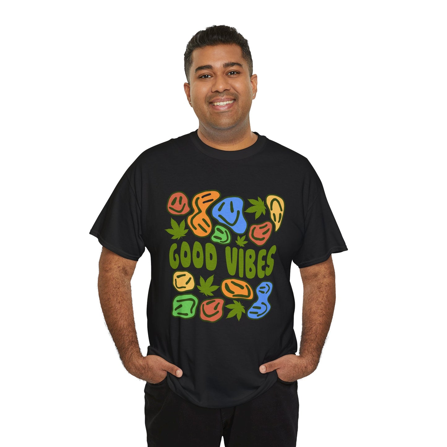 Good Vibes Graphic Tee – Retro Colorful Leaf & Pebble Design