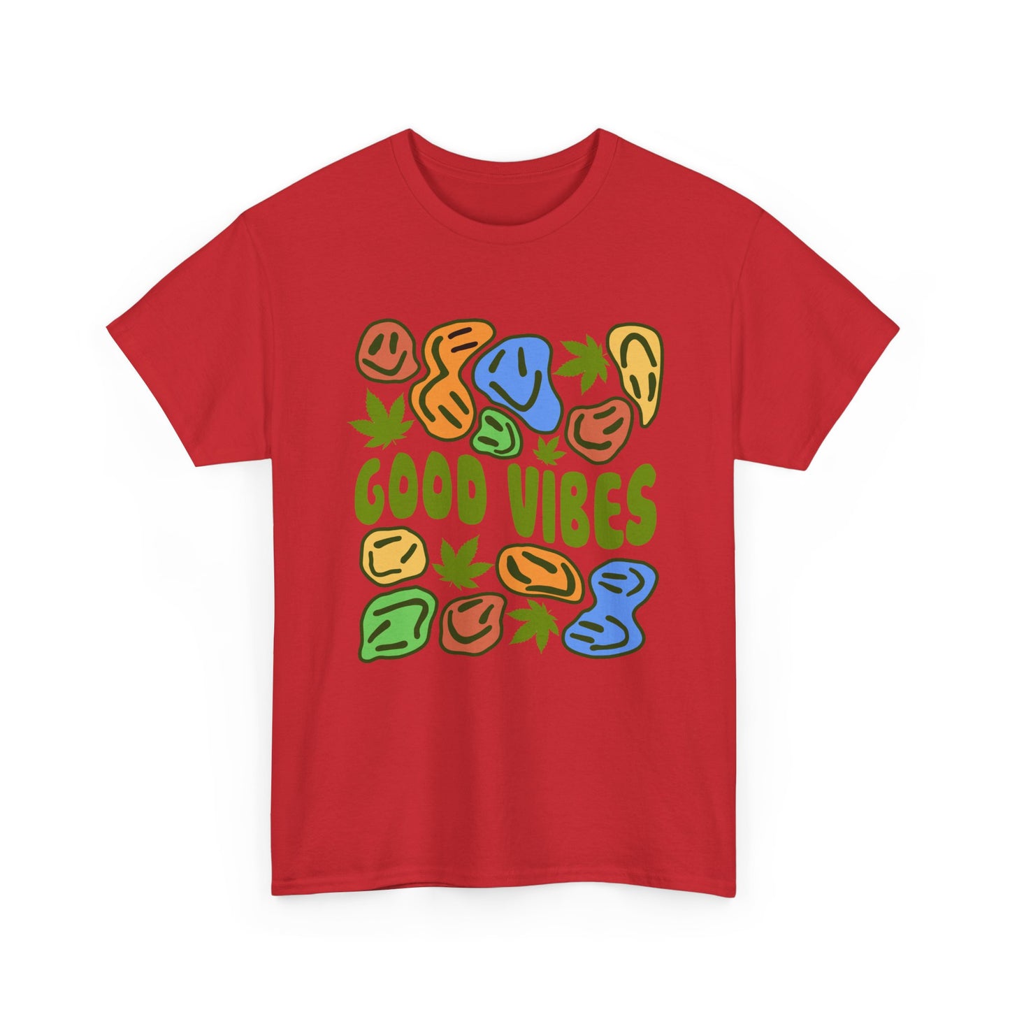 Good Vibes Graphic Tee – Retro Colorful Leaf & Pebble Design