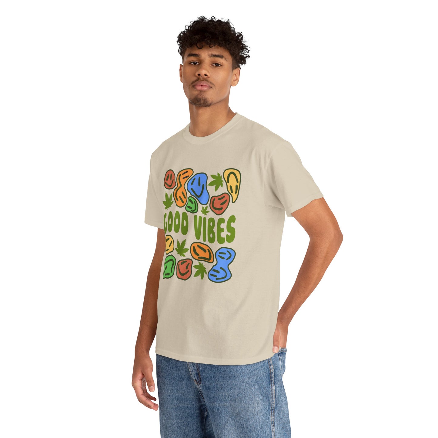 Good Vibes Graphic Tee – Retro Colorful Leaf & Pebble Design