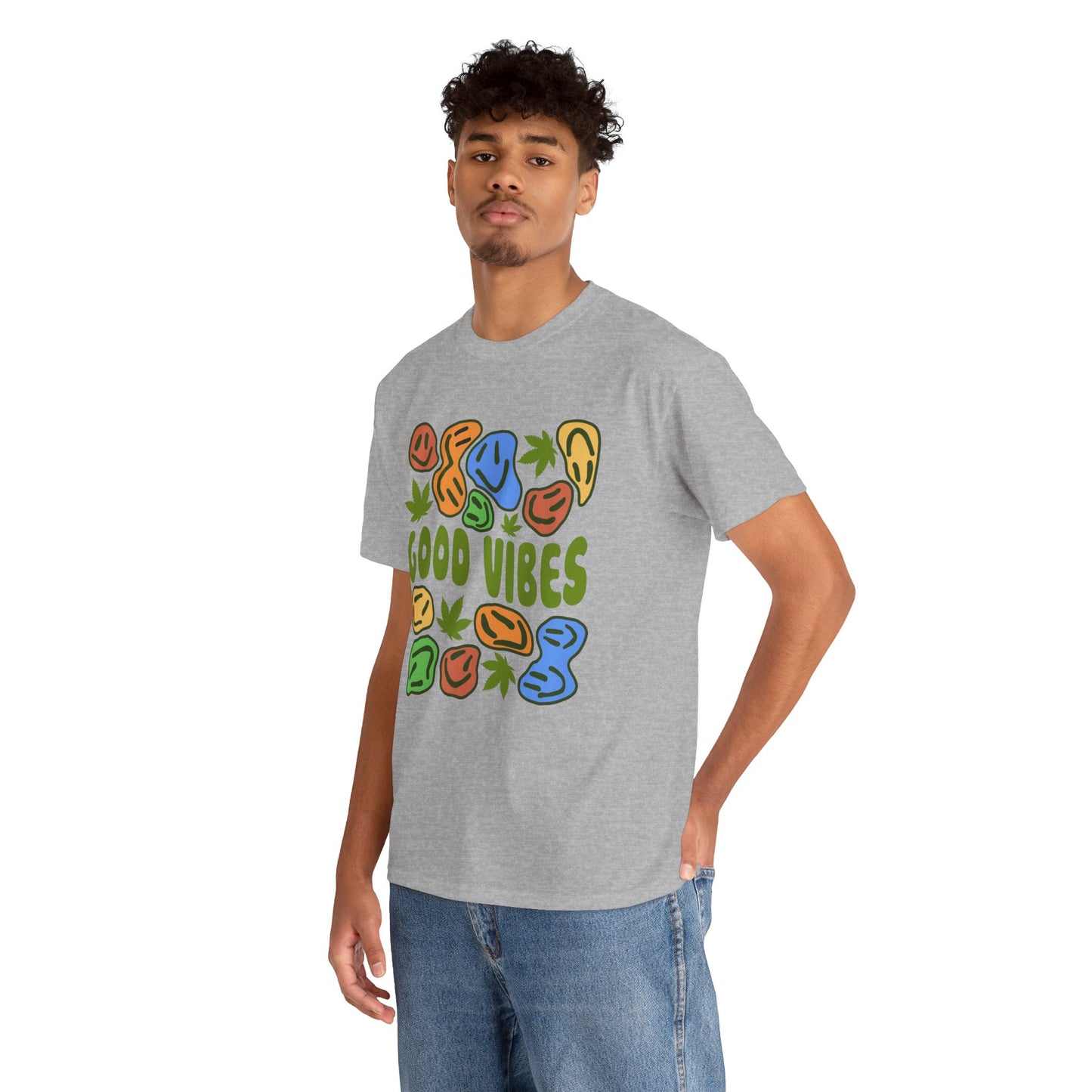 Good Vibes Graphic Tee – Retro Colorful Leaf & Pebble Design