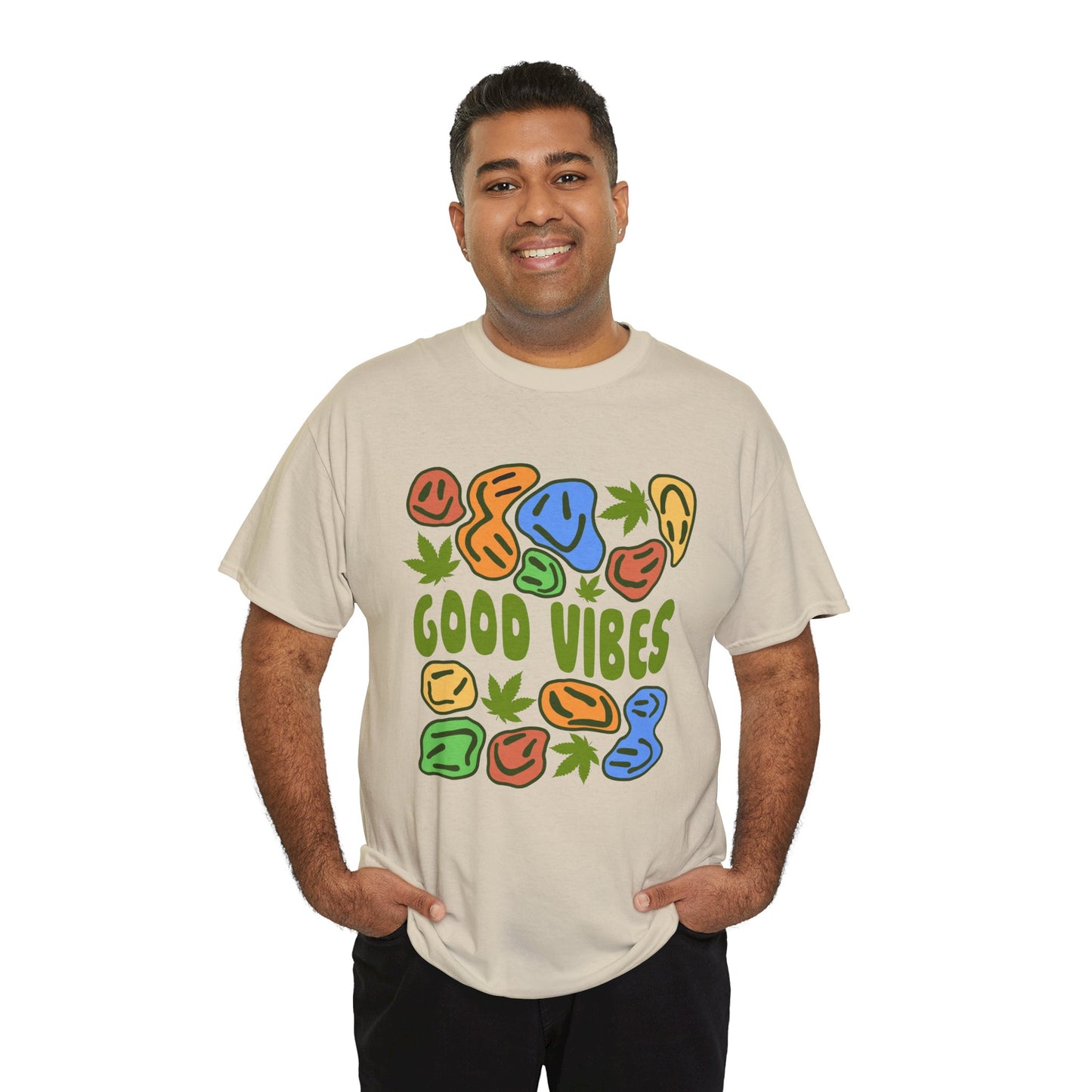 Good Vibes Graphic Tee – Retro Colorful Leaf & Pebble Design