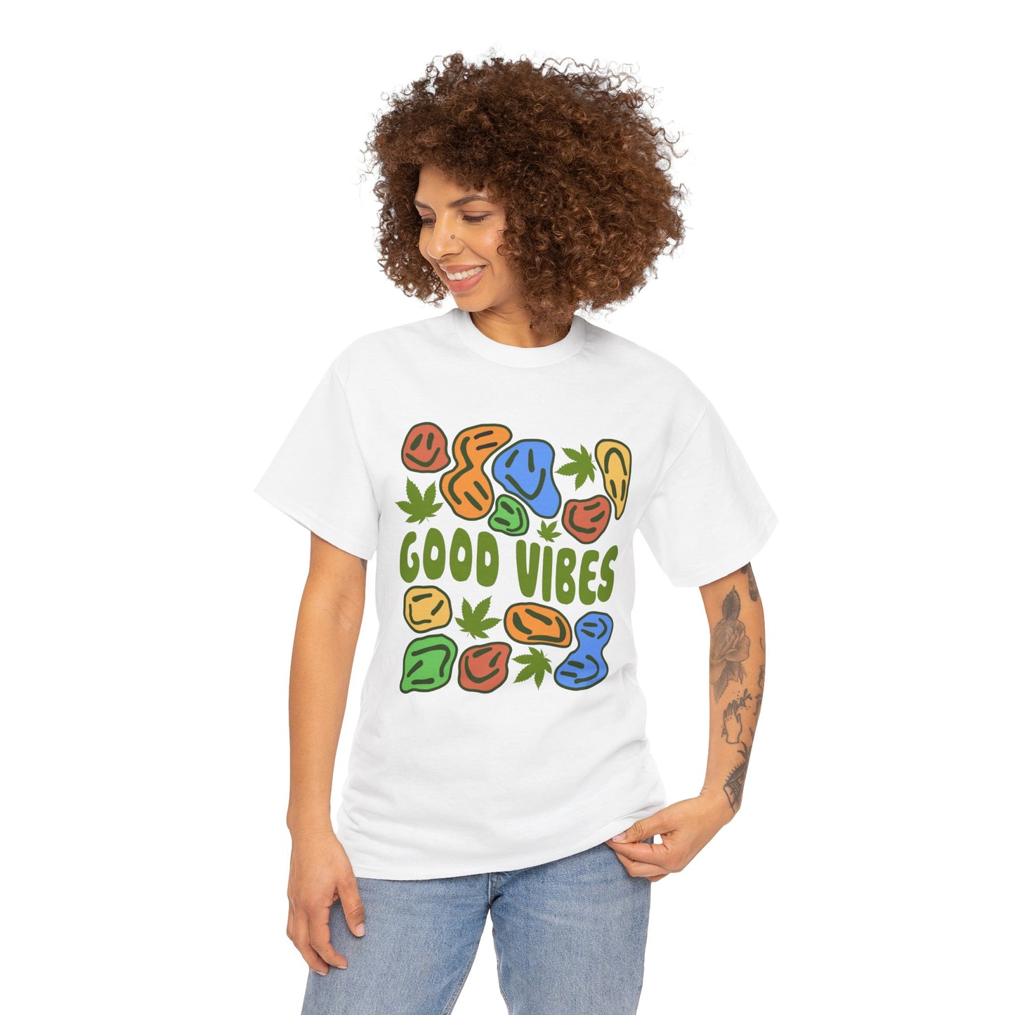 Good Vibes Graphic Tee – Retro Colorful Leaf & Pebble Design