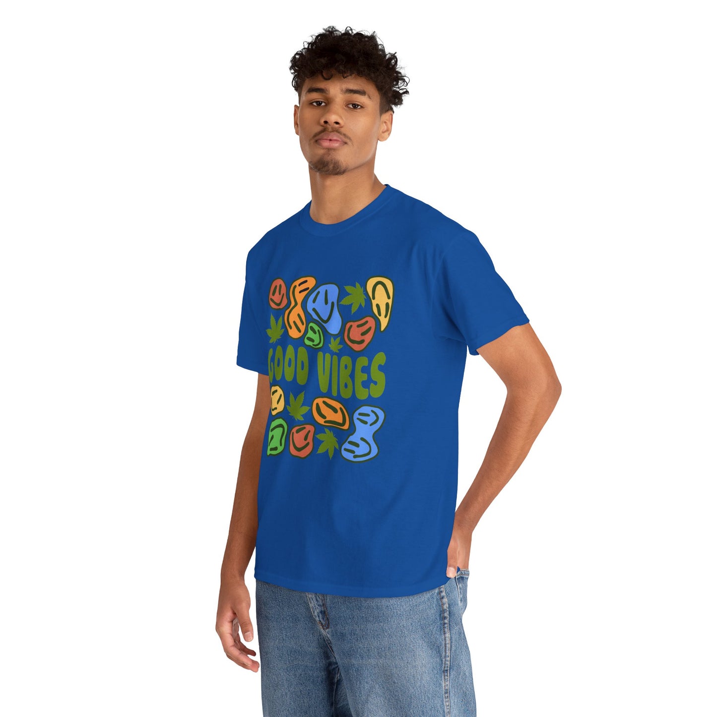 Good Vibes Graphic Tee – Retro Colorful Leaf & Pebble Design