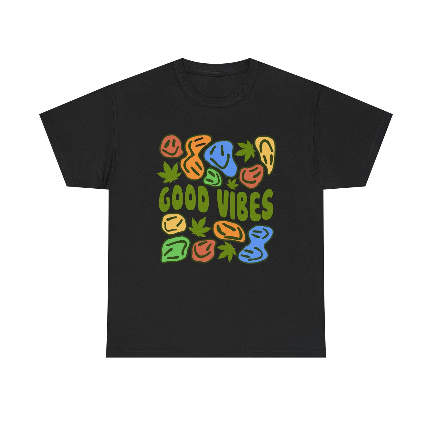 Good Vibes Graphic Tee – Retro Colorful Leaf & Pebble Design