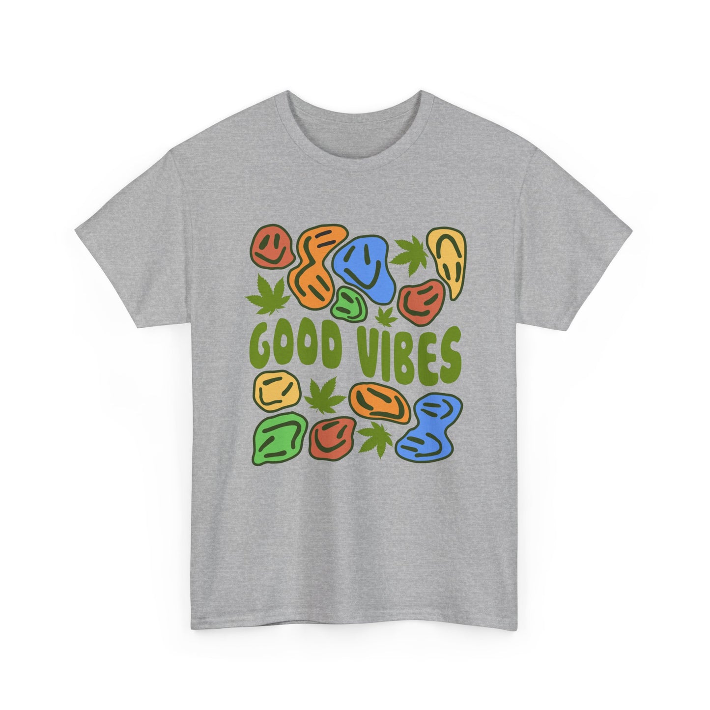 Good Vibes Graphic Tee – Retro Colorful Leaf & Pebble Design