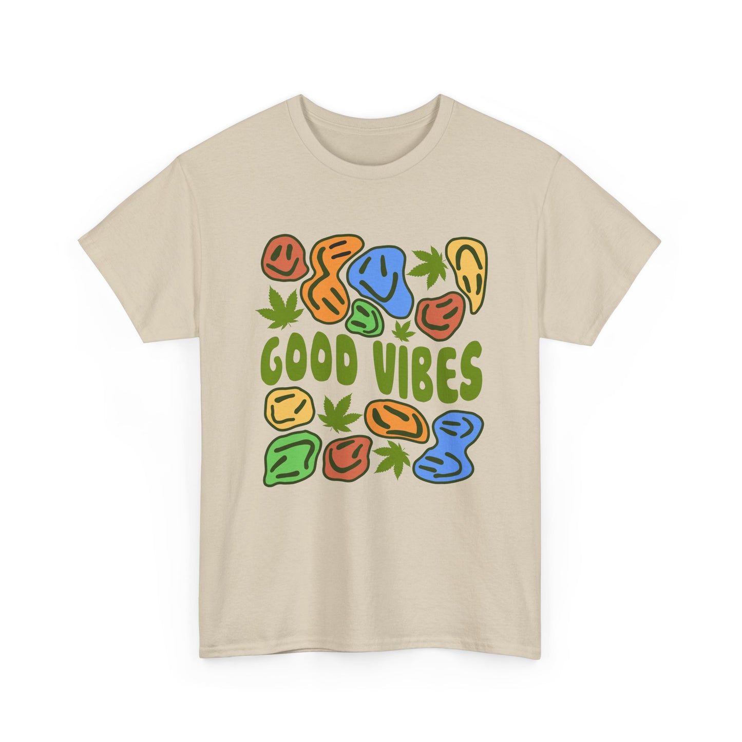 Good Vibes Graphic Tee – Retro Colorful Leaf & Pebble Design
