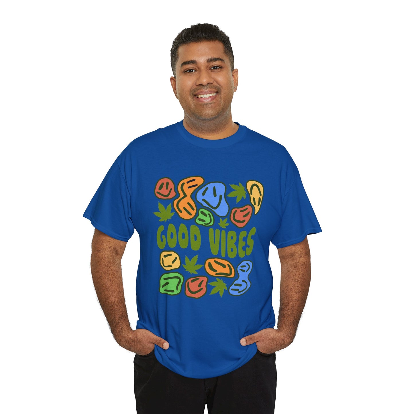 Good Vibes Graphic Tee – Retro Colorful Leaf & Pebble Design