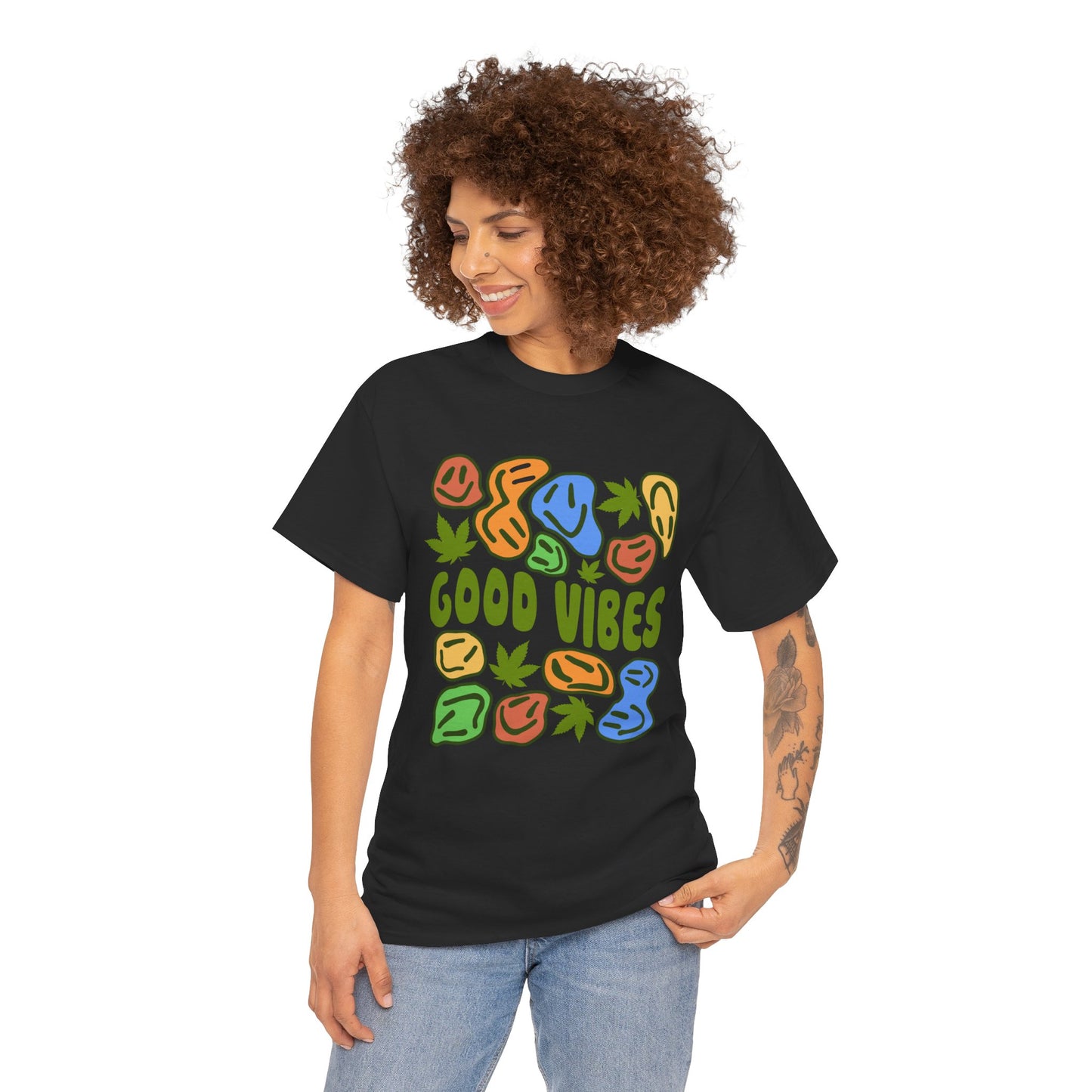Good Vibes Graphic Tee – Retro Colorful Leaf & Pebble Design